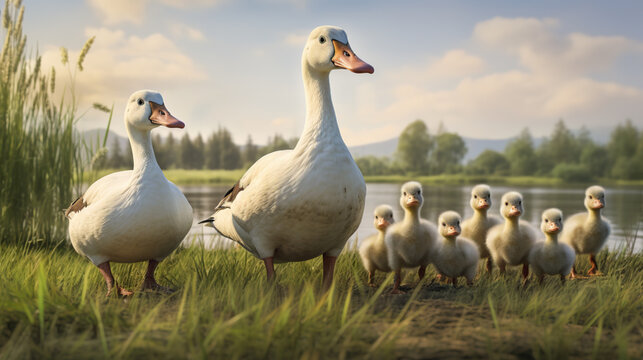 Goose family in the grass on a springtime morning