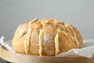 Freshly baked bread with tofu cheese on table, closeup