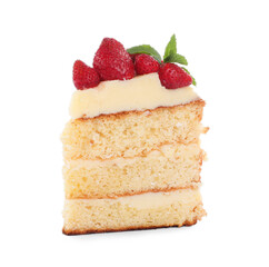 Piece of tasty cake with fresh strawberries and mint isolated on white