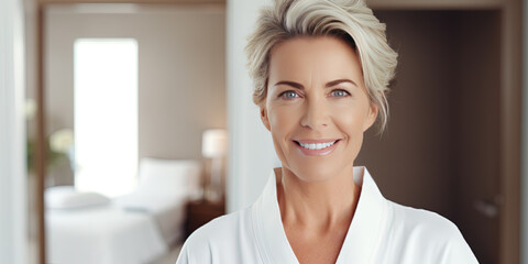 Headshot of happy smiling beautiful middle aged woman wearing bathrobe at spa salon hotel looking...