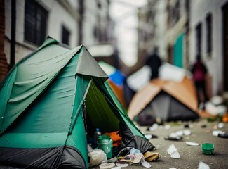 Tents on the streets, surrounded by trash. Poverty and indigence concept.