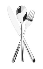 Shiny silver fork, spoon and knife isolated on white. Luxury cutlery set