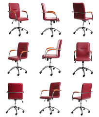 Red leather office chair isolated on white, set