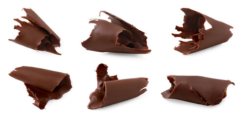Many chocolate curls isolated on white, collection