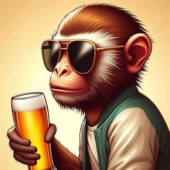 Mono con gafas de sol tomando una cerveza - obrazy, fototapety, plakaty