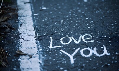 White chalk written words "Love You" on the grey dark asphalt, ,Generative AI 