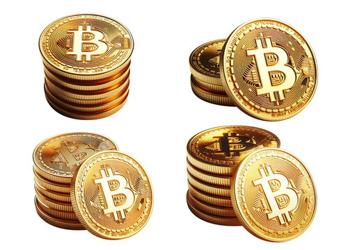 stunning 3D-rendered collection of stacked gold Bitcoin cryptocurrencies, presented in PNG format for versatile use. This asset embodies digital wealth, financial innovation, and blockchain excellence