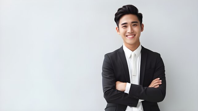 Portrait of smiley business asian man with white wall background 