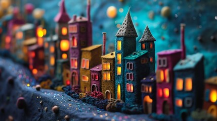 Enchanted Miniature Felt Cityscape at Night. Generative ai - obrazy, fototapety, plakaty