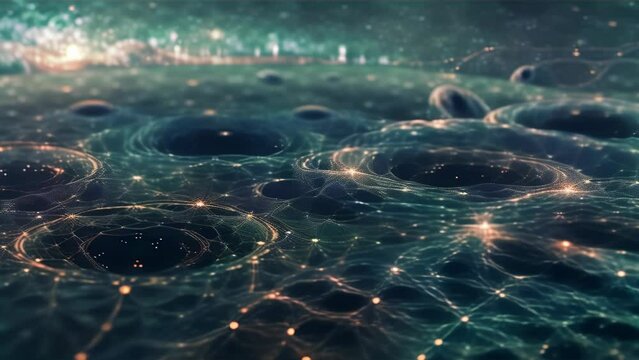 the fundamental structure of the cosmos known as quantum foam. Numerous bubbles float within a network interwoven with tiny points of light.