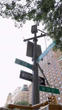 Vertical Parallax View of 74th Street and Broadway Sign, Upper West Side, NYC