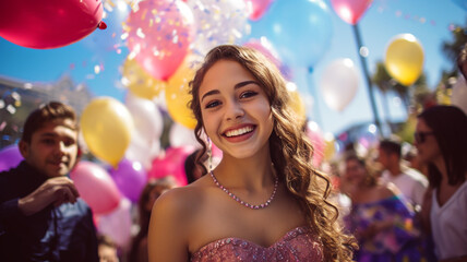 Fototapeta na wymiar Happy 15 year old girl celebrating her Quinceanera with balloons