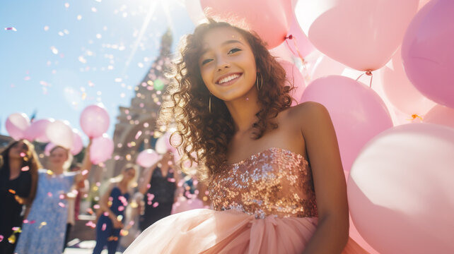 Happy 15 year old girl celebrating her Quinceanera with balloons