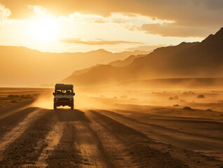 Fototapeta premium Experience a thrilling safari, extreme adventures, or a scientific mission in a barren desert. Witness majestic desert sunrises, rugged mountains, and rolling hills with marks of off-road vehicles