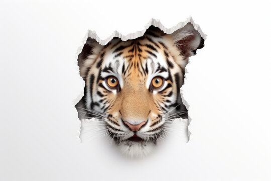 cute tiger peeking out of a hole in the wall, torn hole, empty copy space frame, white background