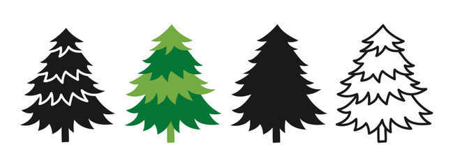 Obraz premium Christmas tree symbol cartoon and doodle, stamp stylized set. New Year xmas traditional stylized pine design for greeting card, invitation, banner, poster. Christmas trees abstract hand drawn vector