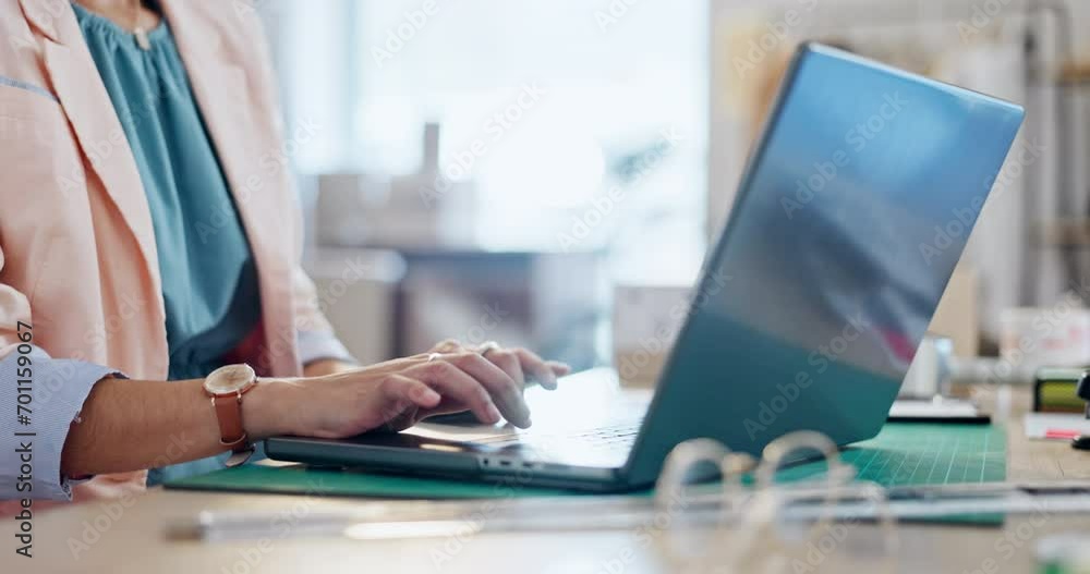 Poster hands, laptop and closeup of woman typing for research on the internet for creative project. technol
