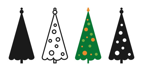 Christmas tree symbol cartoon and doodle, stamp stylized set. New Years and xmas traditional pine design for greeting card, invitation, banner, poster. Christmas trees abstract hand drawn woods vector