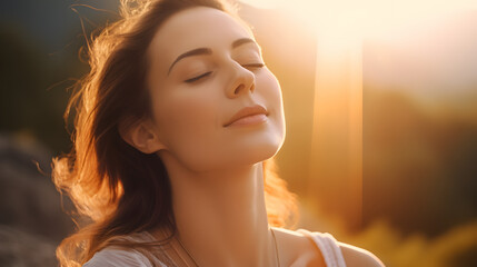 Relaxed woman meditating in the morning, inhaling the revitalizing breath of fresh air.