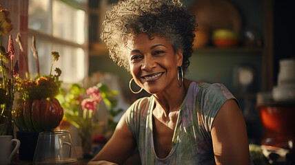 Older black woman sitting in her kitchen smilingOlder black woman sitting in her kitchen smiling - obrazy, fototapety, plakaty