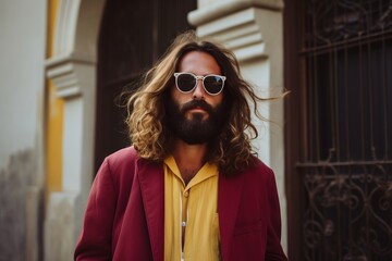 Handsome young man with long curly hair and sunglasses in red coat on the city street