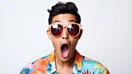 Foto op Canvas photo close up portrait of asian man looking surprised wow face takes off sunglasses and staring impressed camera standing white background © Muzikitooo