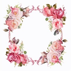 Romantic roses around a frame on white background