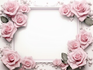 Romantic roses around a frame on white background