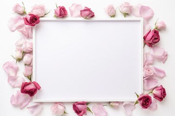 Romantic roses around a frame on white background