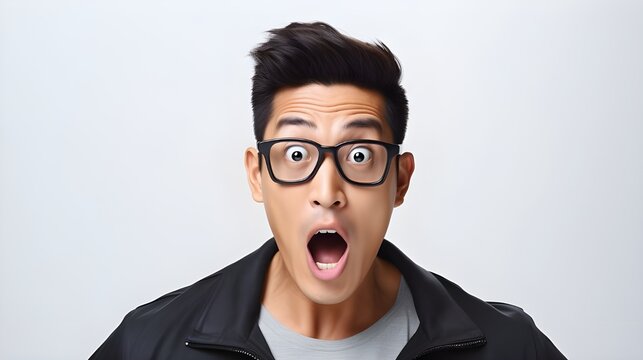 photo close up portrait of asian man looking surprised wow face takes off sunglasses and staring impressed camera standing white background