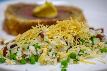 Traditional and Perfect homemade juicy Beef Wellington, tenderloin dish on rustic wooden table. Christmas food