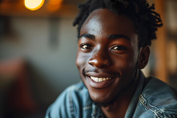 A smiling young black man in light blue shirt