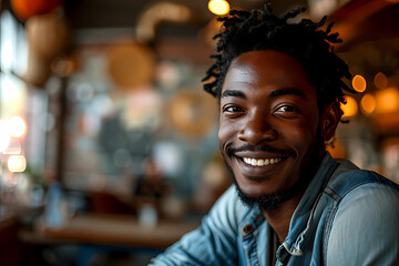 A smiling young black man in light blue shirt - Powered by Adobe