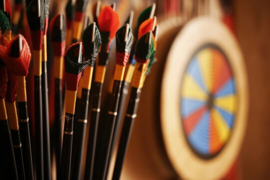 Hobby creativity art paint object tool target leisure dart concept arrow aim background closeup