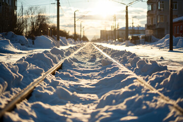 Huge snow drifts under bright winter sun, along the railroad in urban area, close-up view on the railroad, cinematography, beautiful soft lighting.