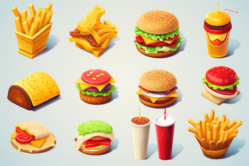 Fast food 3d cartoon vector icon set