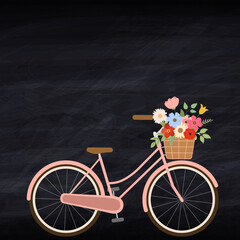 Flower frame Black chalk board background, bicycle with flower basket, pink bike