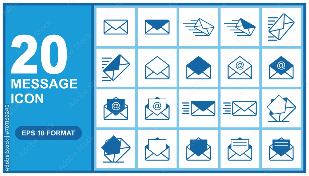 Poster email icon set on blue background. vector illustration. collection of mail and messaging icons. desi