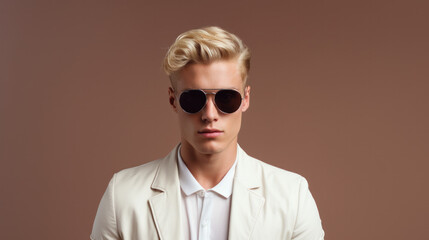 Stylish young man poses in shirt and modern sunglasses. Mens accessories, optics. Studio portrait.