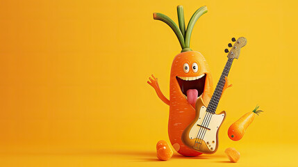 Laughing Carrot's Guitar Serenade: A Yellow Background Symphony - obrazy, fototapety, plakaty