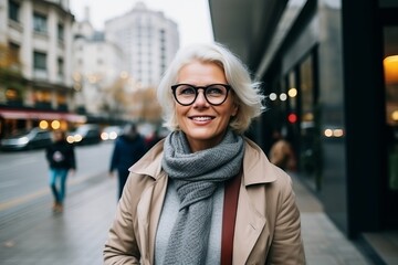 Portrait of a happy senior woman with eyeglasses in the city
