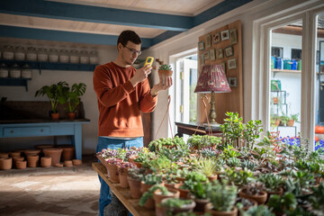 Man plant seller takes photos of potted plants on smartphone to sell online. Plant lover...