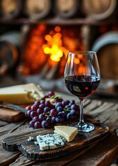 glass of wine with cheese and grapes with fireplace as background