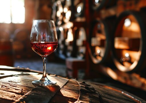 glass of red wine with barrel as background