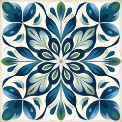  ceramic tile in talavera style with green floral ornament.Rustic green tile watercolor seamless pattern.