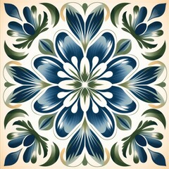 Fototapeta premium ceramic tile in talavera style with green floral ornament.Rustic green tile watercolor seamless pattern.