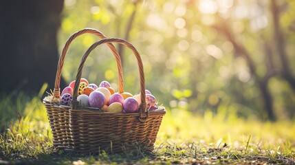 A basket for Easter with colorful eggs. 