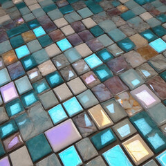 Spectrum of multi-colored tiles arranged in blue tones. With reflective glass surface, creative or diverse background or cover.
