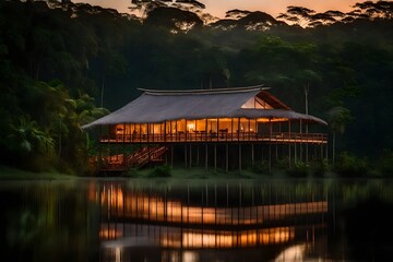 Fototapeta premium Amazon rainforest lodge at sunset, Yasuni national park, Ecuador. 