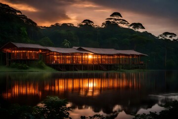 Obraz premium sunset over the lakeAmazon rainforest lodge at sunset, Yasuni national park, Ecuador. 
